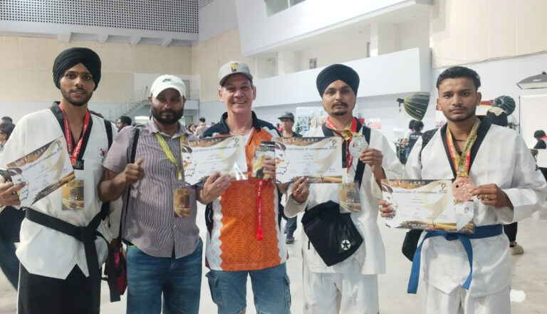 Sonipat: Medal winners returning from Thailand welcomed at Delhi Airport.