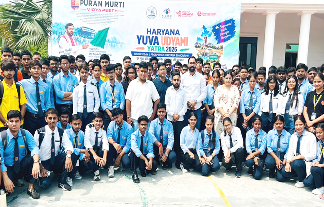 Sonipat: Grand welcome for the 'Haryana Youth Entrepreneur Journey-2026' at Purna Murti Vidyapeeth.